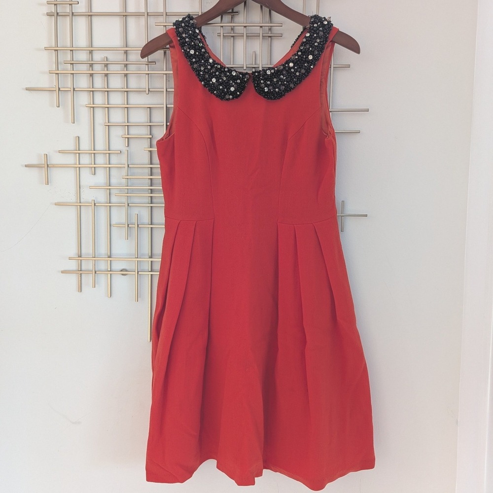 Eva Franco Red Wool Fit‎ & Flare Dress Black Beaded Peter Pan Collar Women's 10